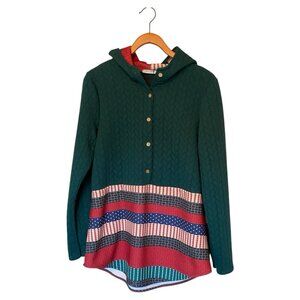 Cellabie Green Quilted Mixed Print Button Up Hooded L/S Pullover Women's L